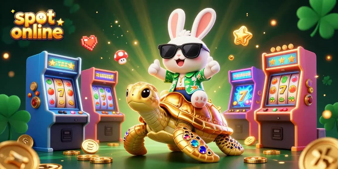 Slot online: ilustrasi kasino 3D ceria dengan kelinci beruntung dan kura-kura emas berputar slot dan simbol beruntung.