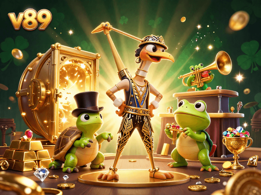 Permainan slot v89 yang penuh warna dengan karakter menarik dan harta karun berkilau.